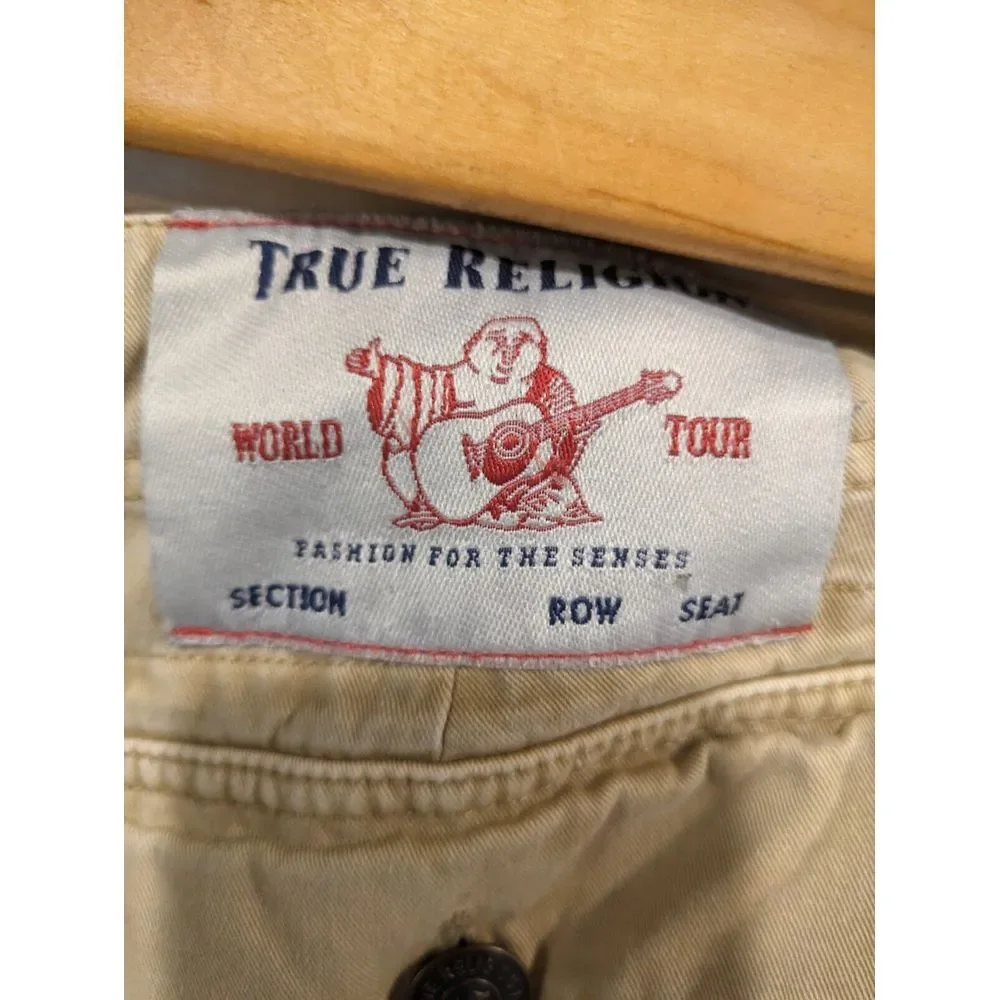 True Religion Cargo Shorts Men's Size 33 Actual 34 Flat Front Khaki Tan  Distres